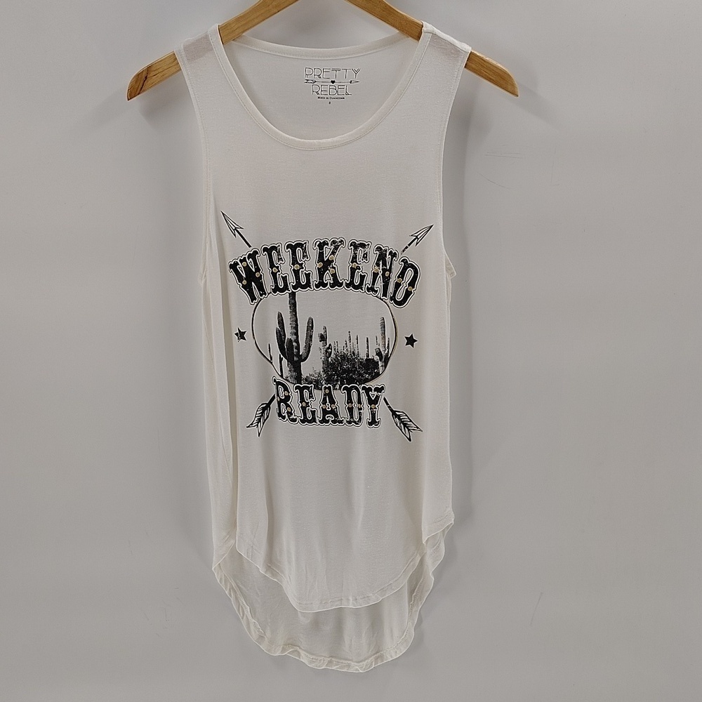 Pretty Rebel Boho Weekend Ready White Graphic Sleeveless Tee Small